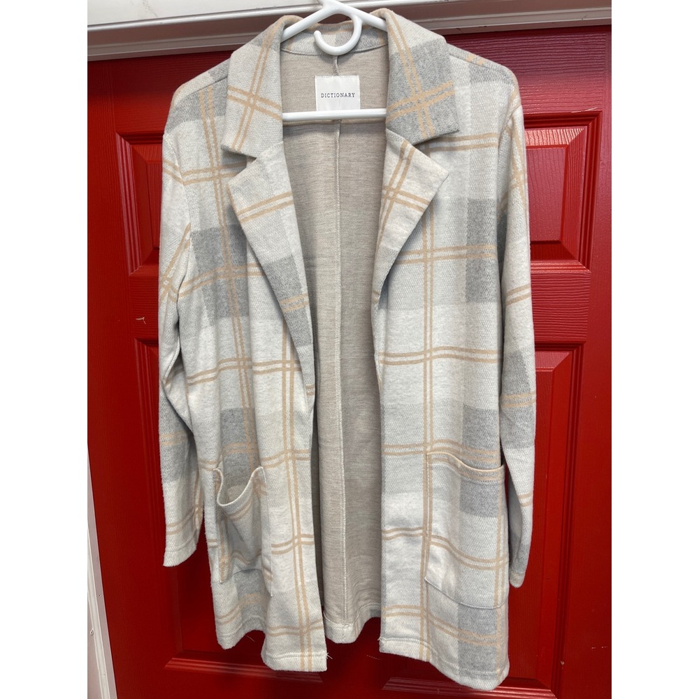 Dictionary The Cozy Collective Plaid Open Front Cardigan Coat Taupe Blush M